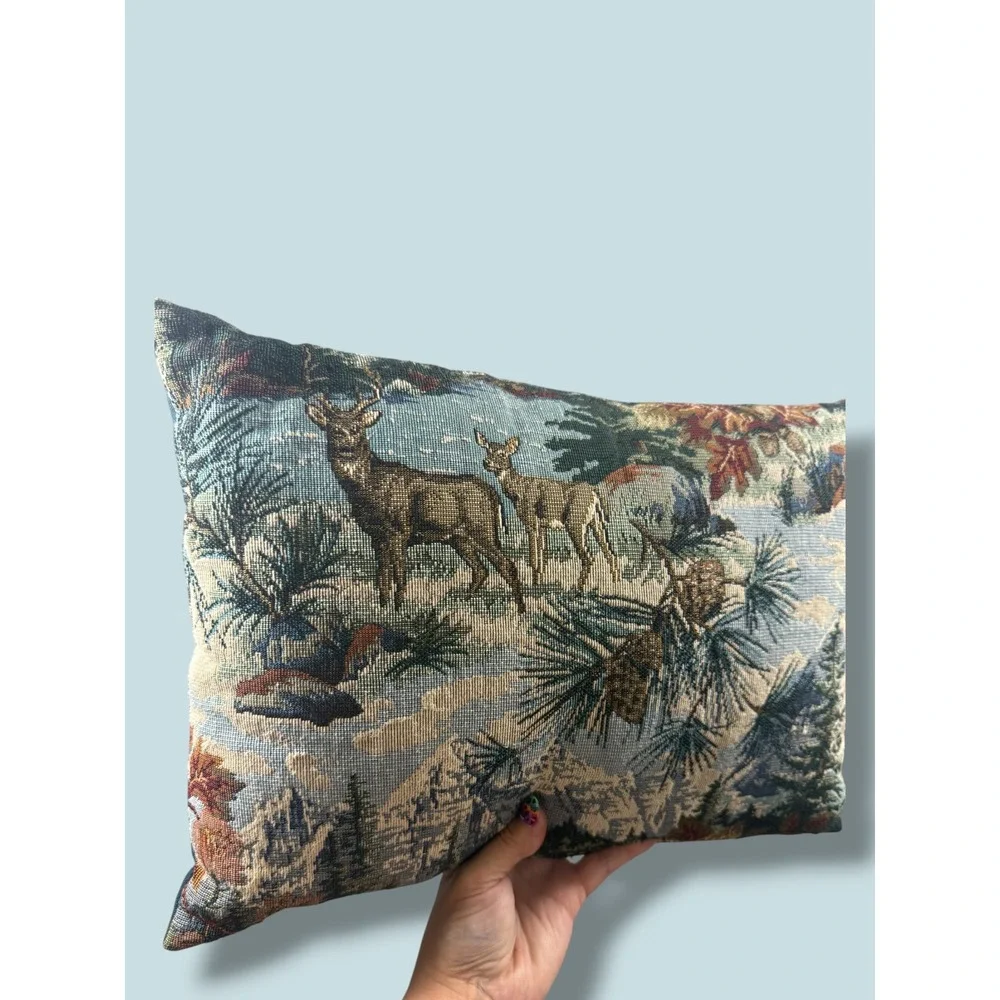Deer Tapestry Pillow 16x11 Woodland Cabin Lodge Decor Mountain Pinecone Accent